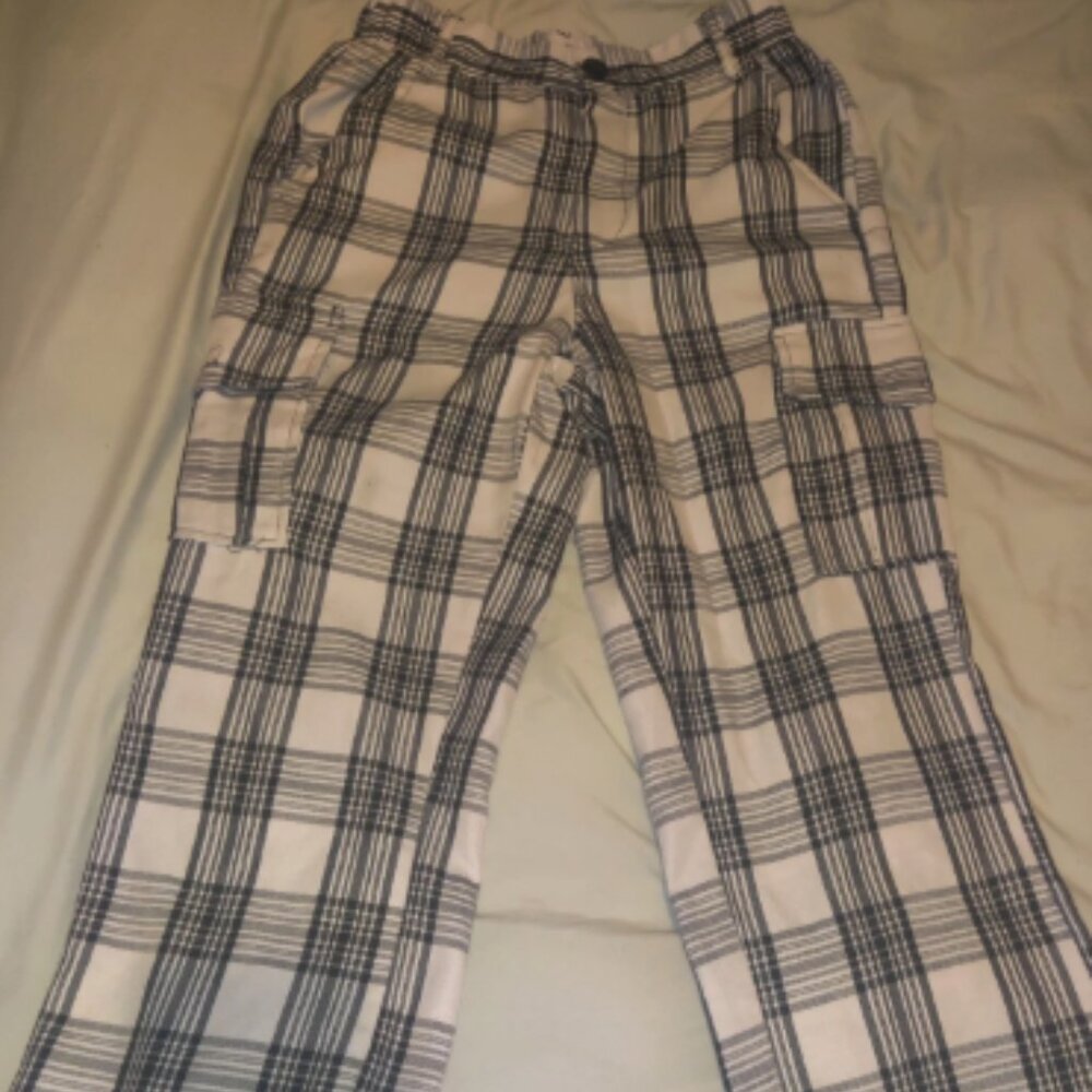 rue21 Black/White Plaid Cargo Wide Leg Pant Size Small (Measurements In Pics!)
